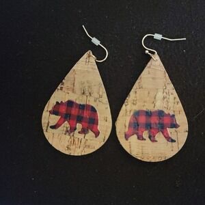 Mama Bear Teardrop Drop Earrings Red and Black Buffalo Check on cork New